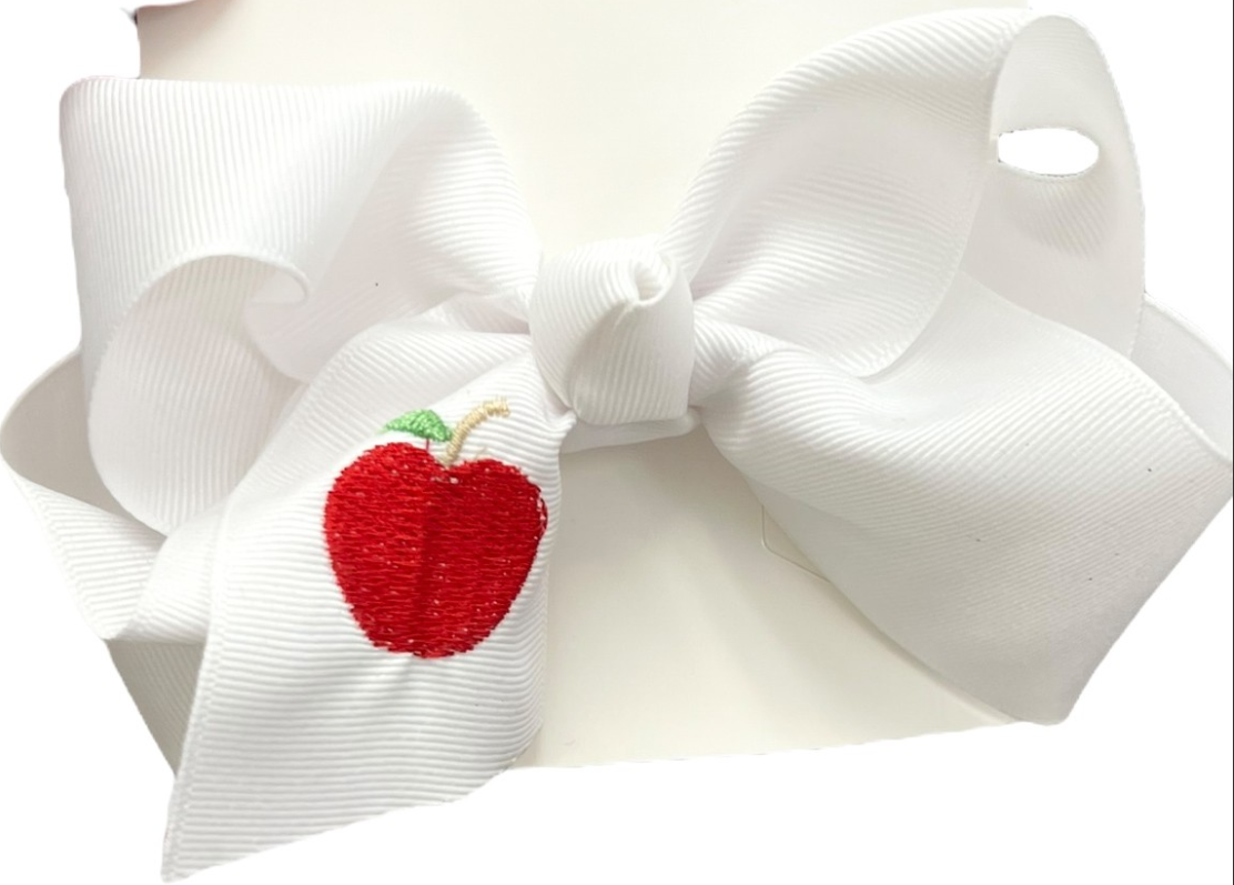 6 Inch Embroidered Apple Bows - Navy or White