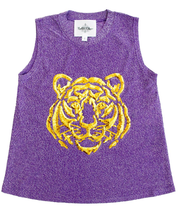 Tiger Face Purple Glitter Tank - Belle Cher