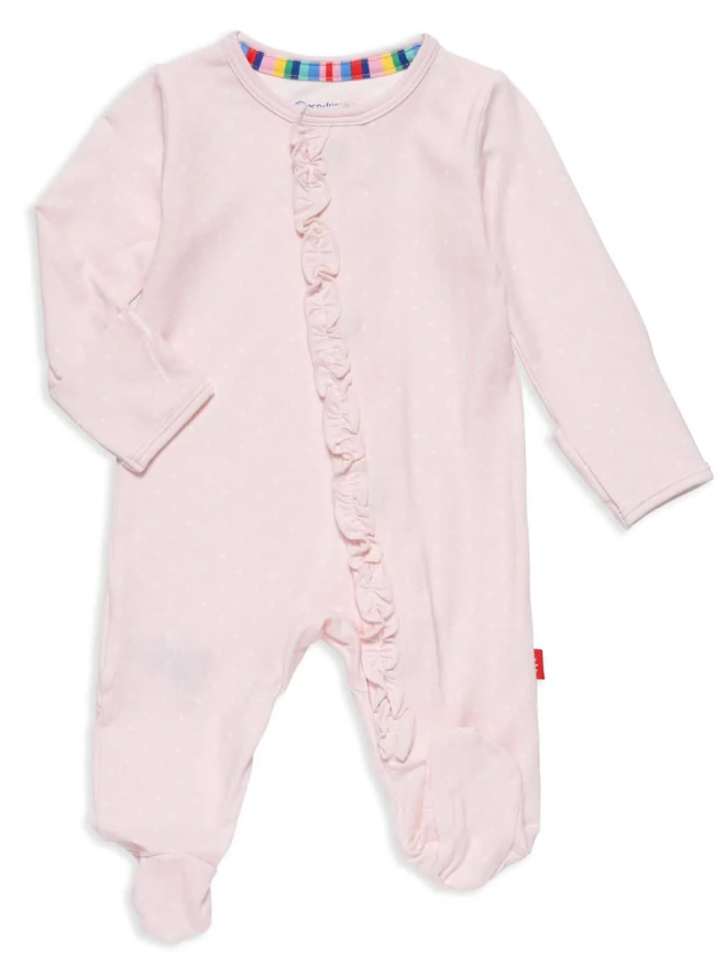 Pin Dot Pink Ruffle Footie, Hat & Blanket - Magnetic Me