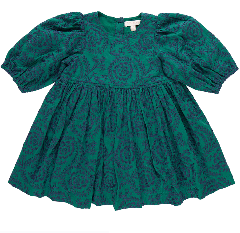 Girls Brooke Dress - Evergreen Blooming Embroidery - Pink Chicken