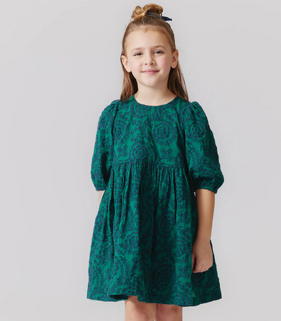 Girls Brooke Dress - Evergreen Blooming Embroidery - Pink Chicken