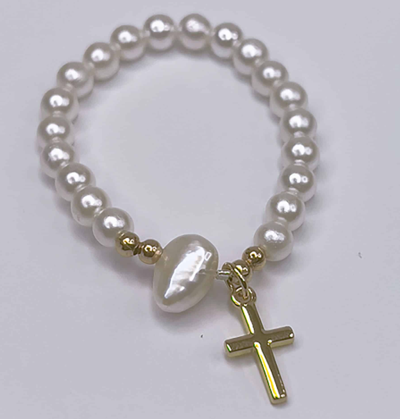 Gold Brass Cross Pearls with Water Pearl Bracelet – 6MM