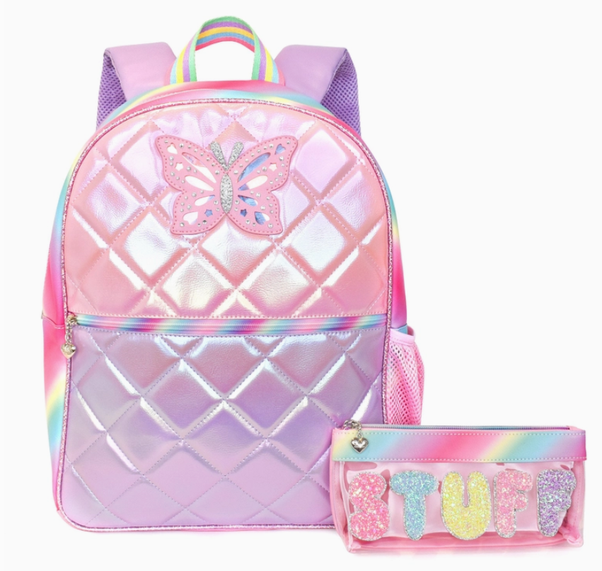 Butterfly Metallic Quilted Large Backpack Set