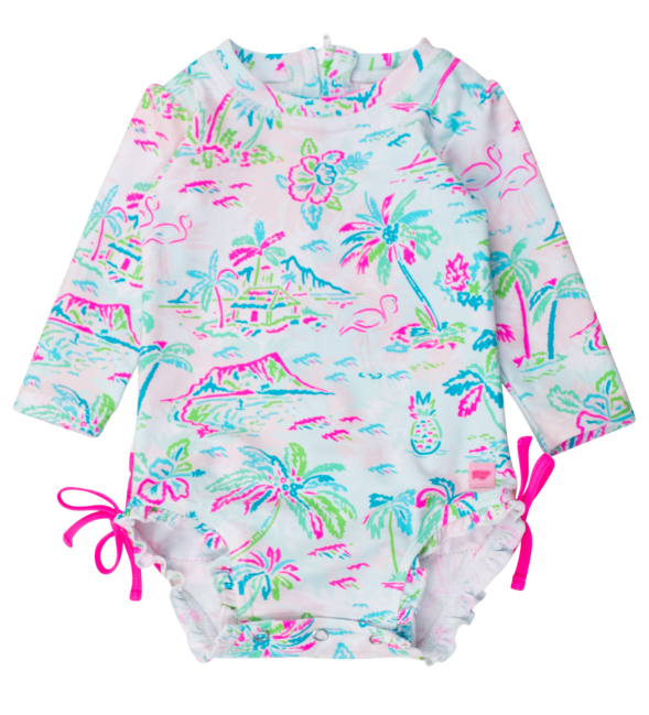 Long Sleeve One Piece Swimsuit - Tropical Resort - RuffleButts