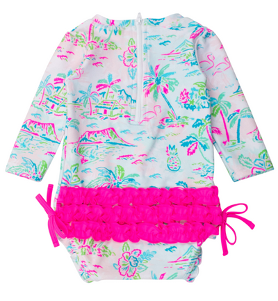 Long Sleeve One Piece Swimsuit - Tropical Resort - RuffleButts