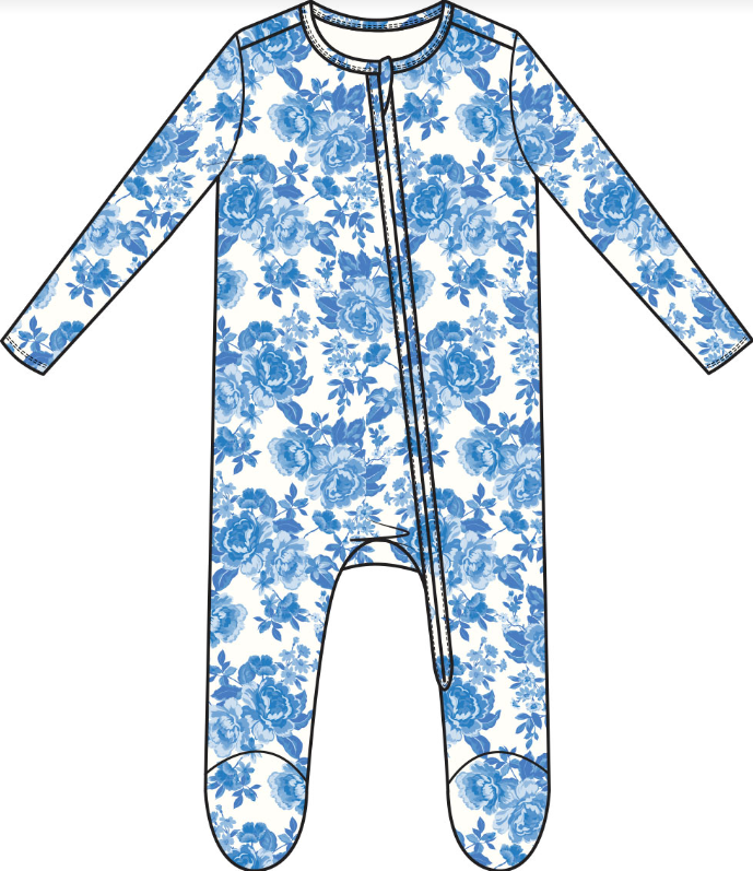 Blue Floral Bamboo Footie - Angel Dear