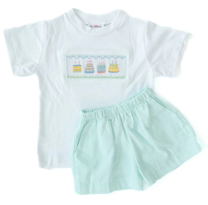 Smocked Birthday Mint Short Set - Ruth and Ralph