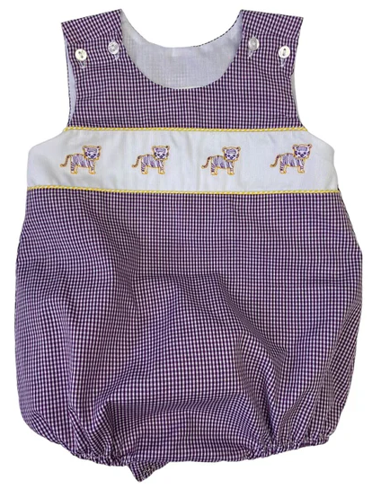 Purple Gingham Boys LSU Bubble - Lulu Bebe