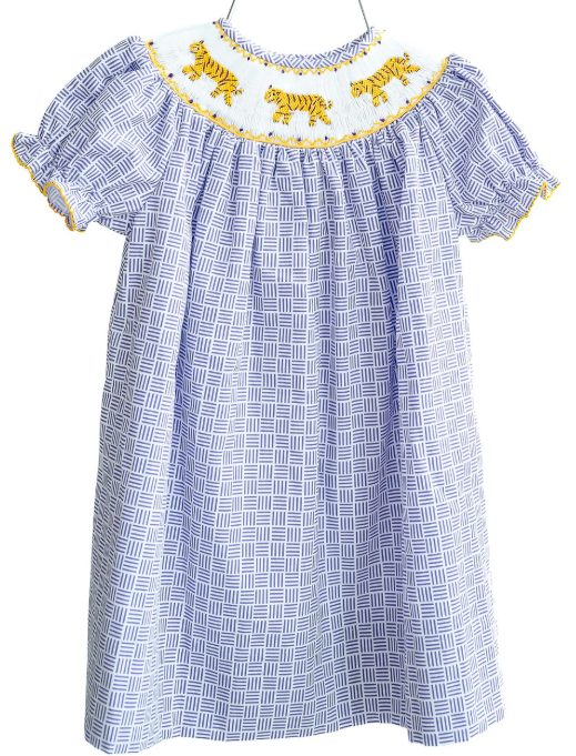 Smocked Purple & Gold Tiger Dress - Ruth and Ralph Smocked Purple & Gold Tiger Dress - Ruth and Ralph