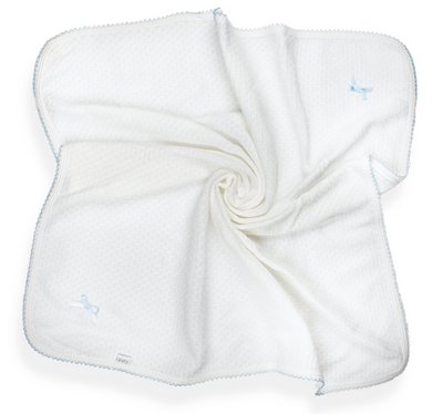 White Receiving/Swaddle Blanket, Blue Trim - Paty
