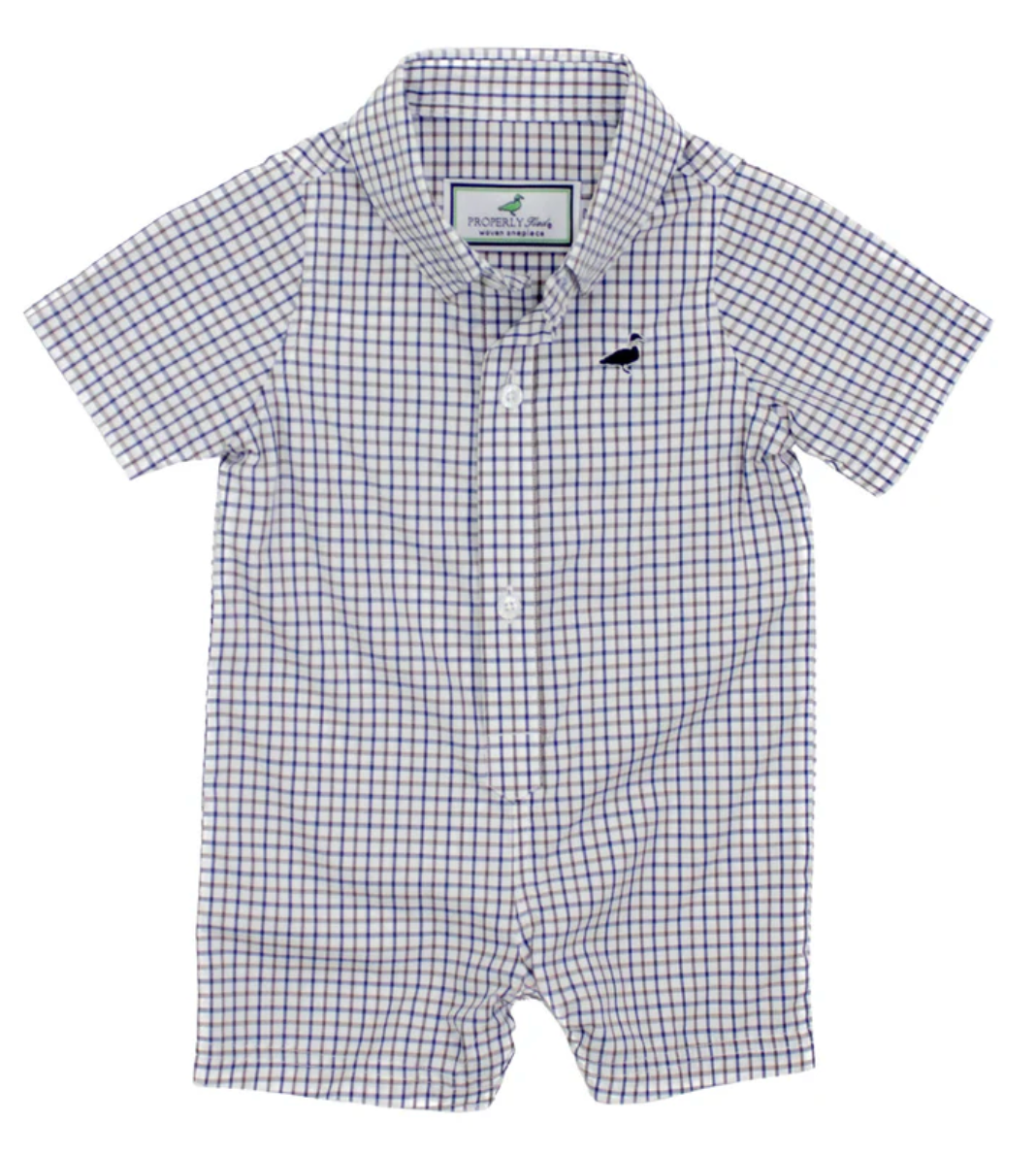 Navy & Tan Checkered Shortall Romper - Properly Tied