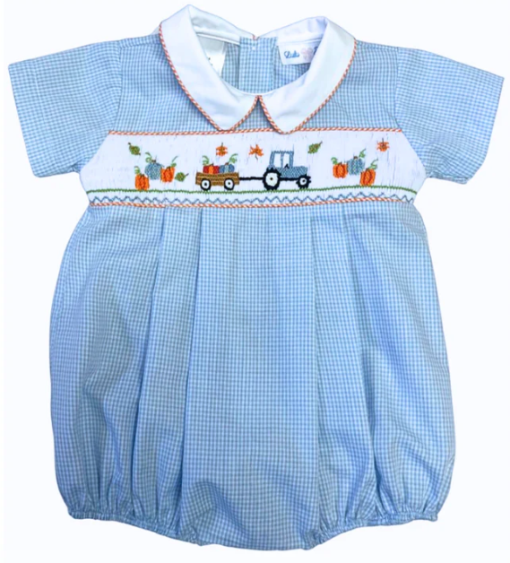 Boys Smocked Pumpkin Tractor Bubble - Lulu Bebe