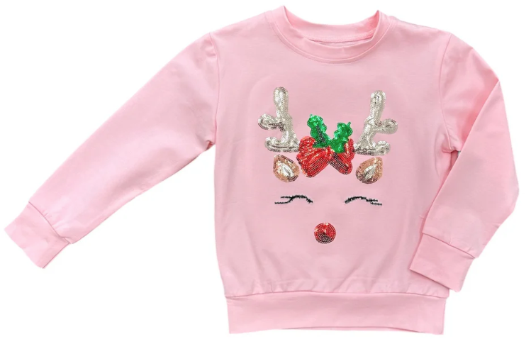 Sequin Reindeer Pink L/S Shirt - Lulu Bebe