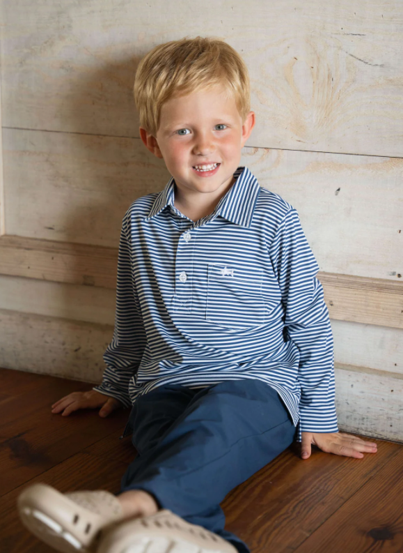 Navy Stripe L/S Performance Polo - Saltwater Boys