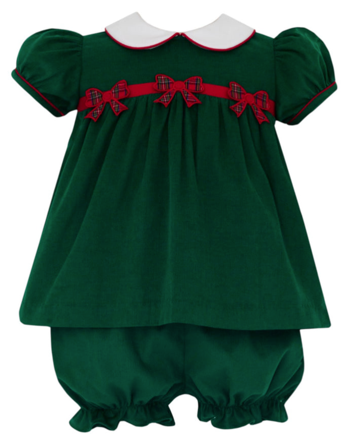 Christmas Bows Green Corduroy Bloomer Set