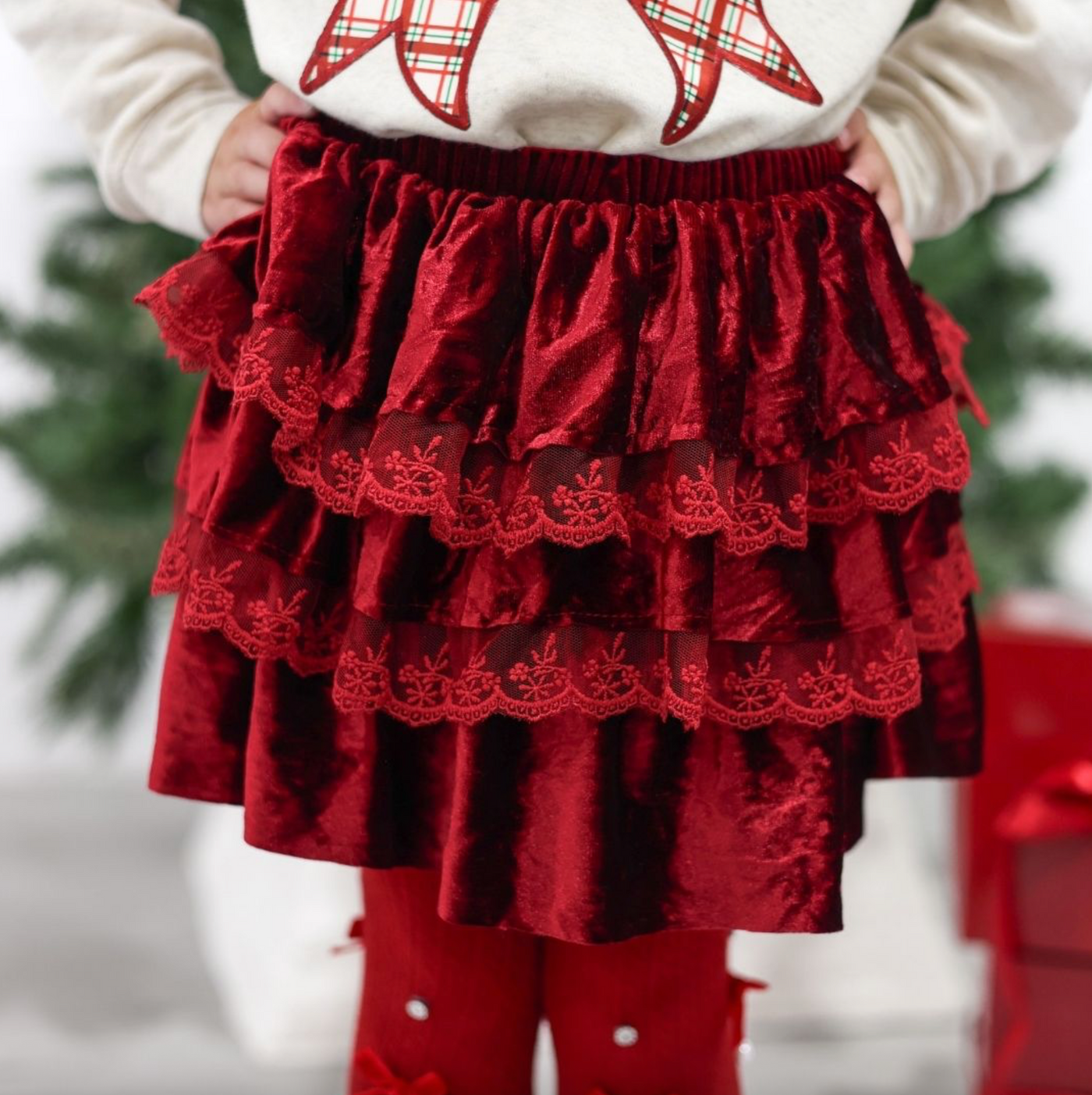 Ruby Red Velvet Tiered Christmas Skirt - Sweet Wink