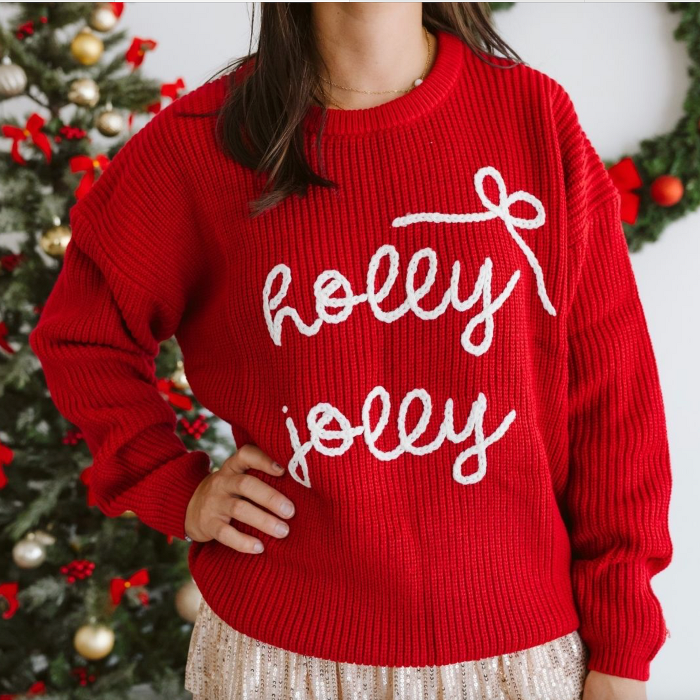 Holly Jolly Bow Christmas Knit Sweater - Sweet Wink