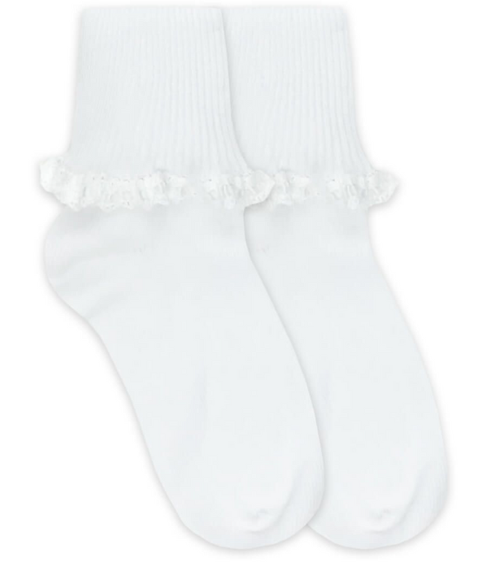 White Cluny & Satin Lace Turn Cuff Socks 2125 - Jefferies Socks