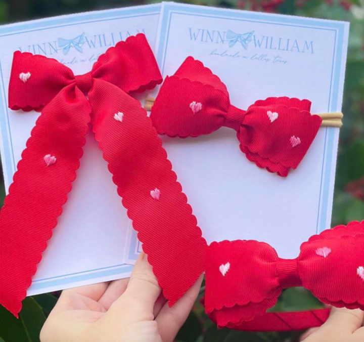 Red Scalloped Hearts Ribbon Bow - Winn & William
