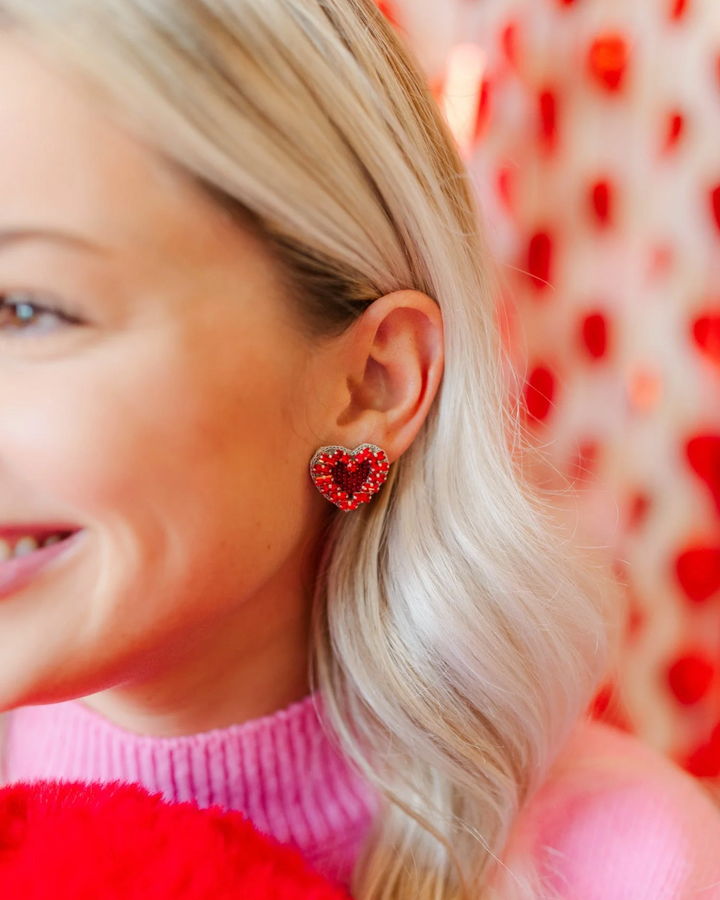 Red Beaded Heart Studs - Taylor Shaye