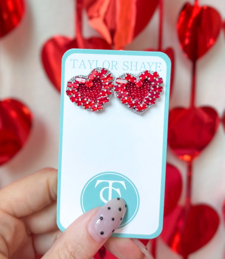 Red Beaded Heart Studs - Taylor Shaye