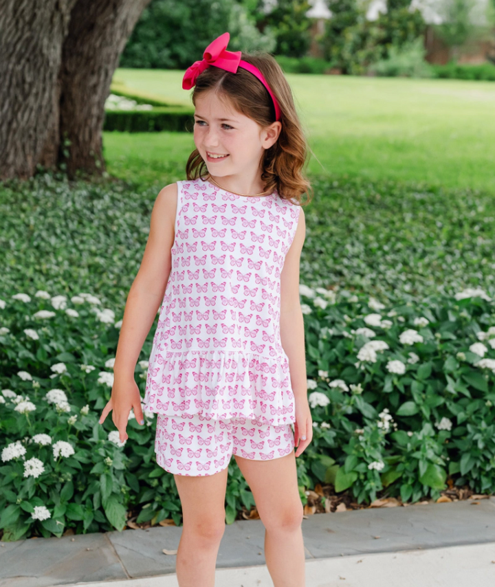 POPPY GIRLS' SHORT SET - CARTIE PINK BUTTERFLIES - Lila + Hayes