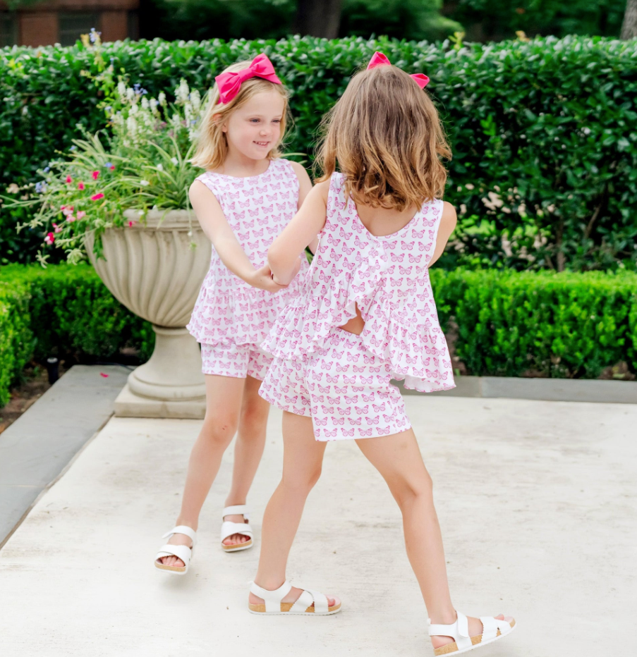 POPPY GIRLS' SHORT SET - CARTIE PINK BUTTERFLIES - Lila + Hayes