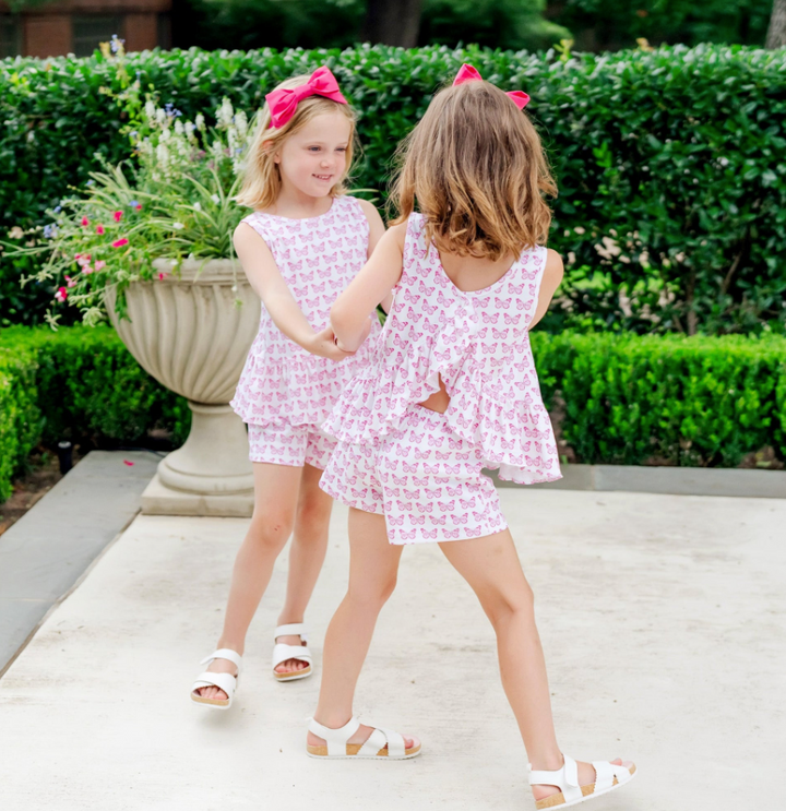 POPPY GIRLS' SHORT SET - CARTIE PINK BUTTERFLIES - Lila + Hayes