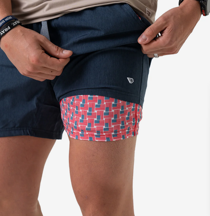 Men's Athletic Short - Heather Navy - American Flag Liner - Burlebo