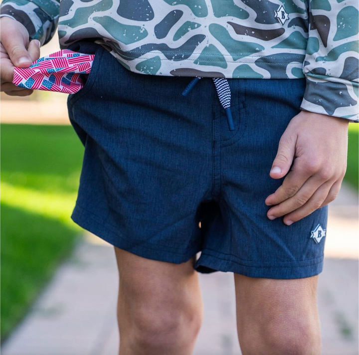Youth Athletic Short - Heather Navy - American Flag Liner - Burlebo