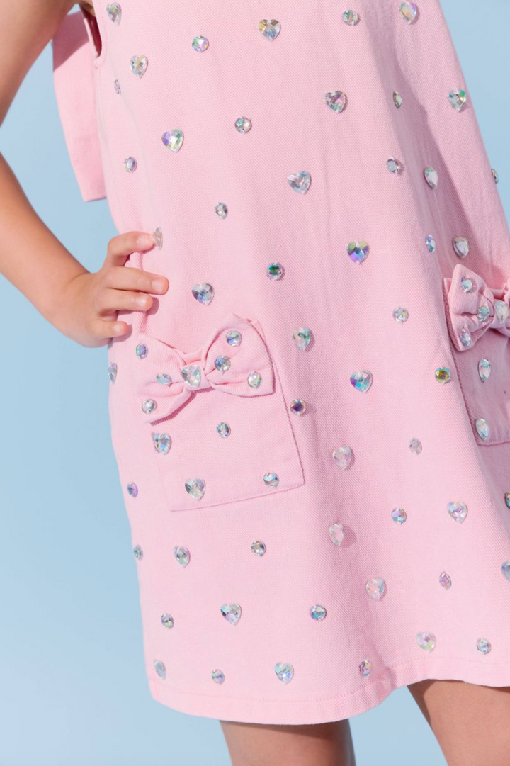 Crystal Heart Pink Denim Bow Dress - Lola + The Boys