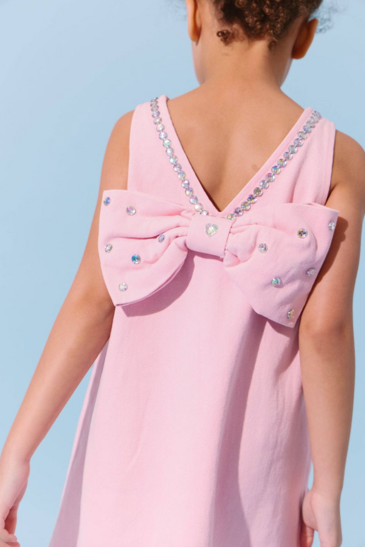 Crystal Heart Pink Denim Bow Dress - Lola + The Boys