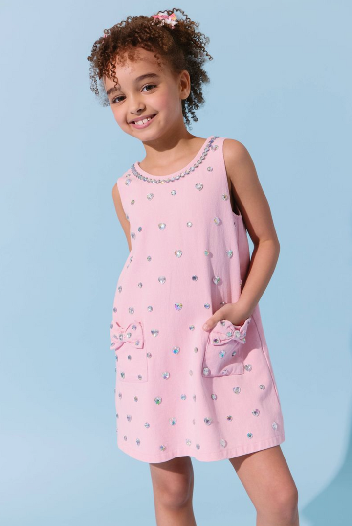 Crystal Heart Pink Denim Bow Dress - Lola + The Boys