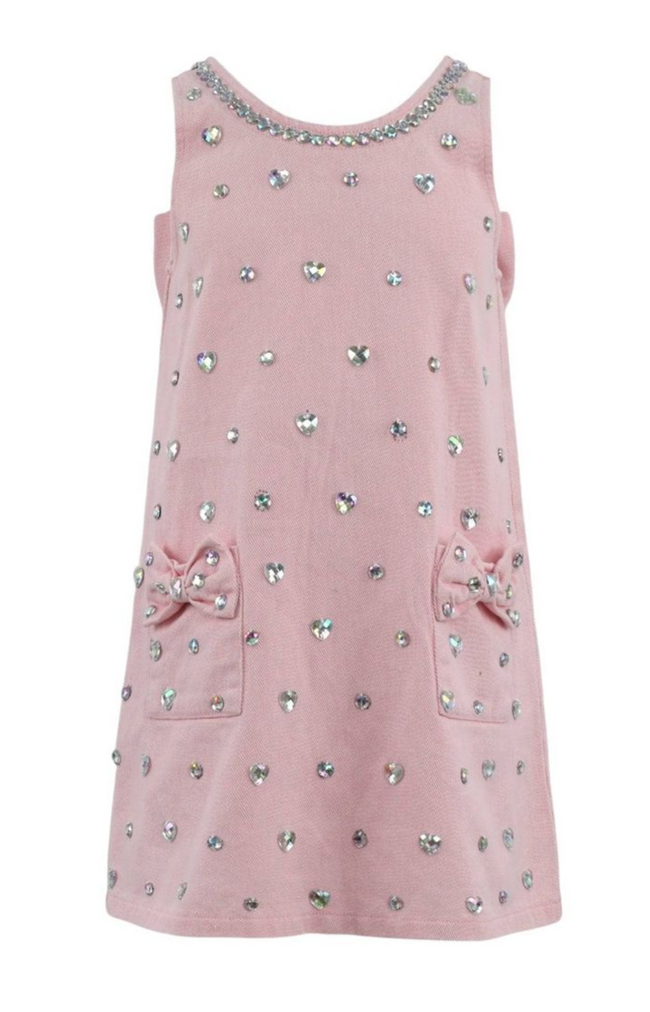 Crystal Heart Pink Denim Bow Dress - Lola + The Boys