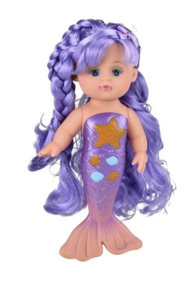 Mermaid doll with purple hair and tail on a white background