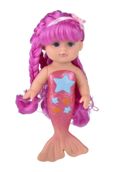 Mermaid doll with pink hair and tail on a white background