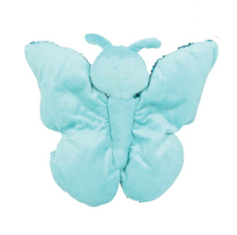 Light blue butterfly-shaped plush toy on a white background