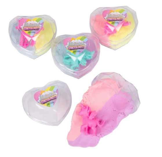 Heart-shaped containers with colorful slime-like substances on a white background