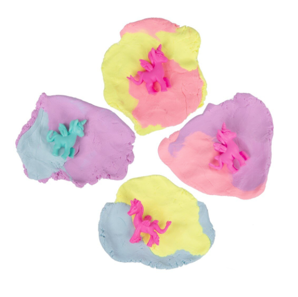 Four colorful shell-shaped toys with small figures inside on a white background