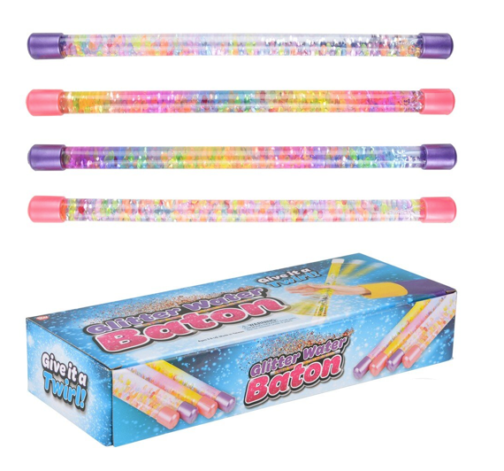 Colorful Glitter Water Baton toys with packaging on a white background