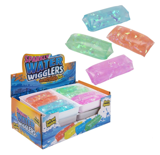 Box of Sparkly Water Wigglers with colorful wiggler toys on a white background