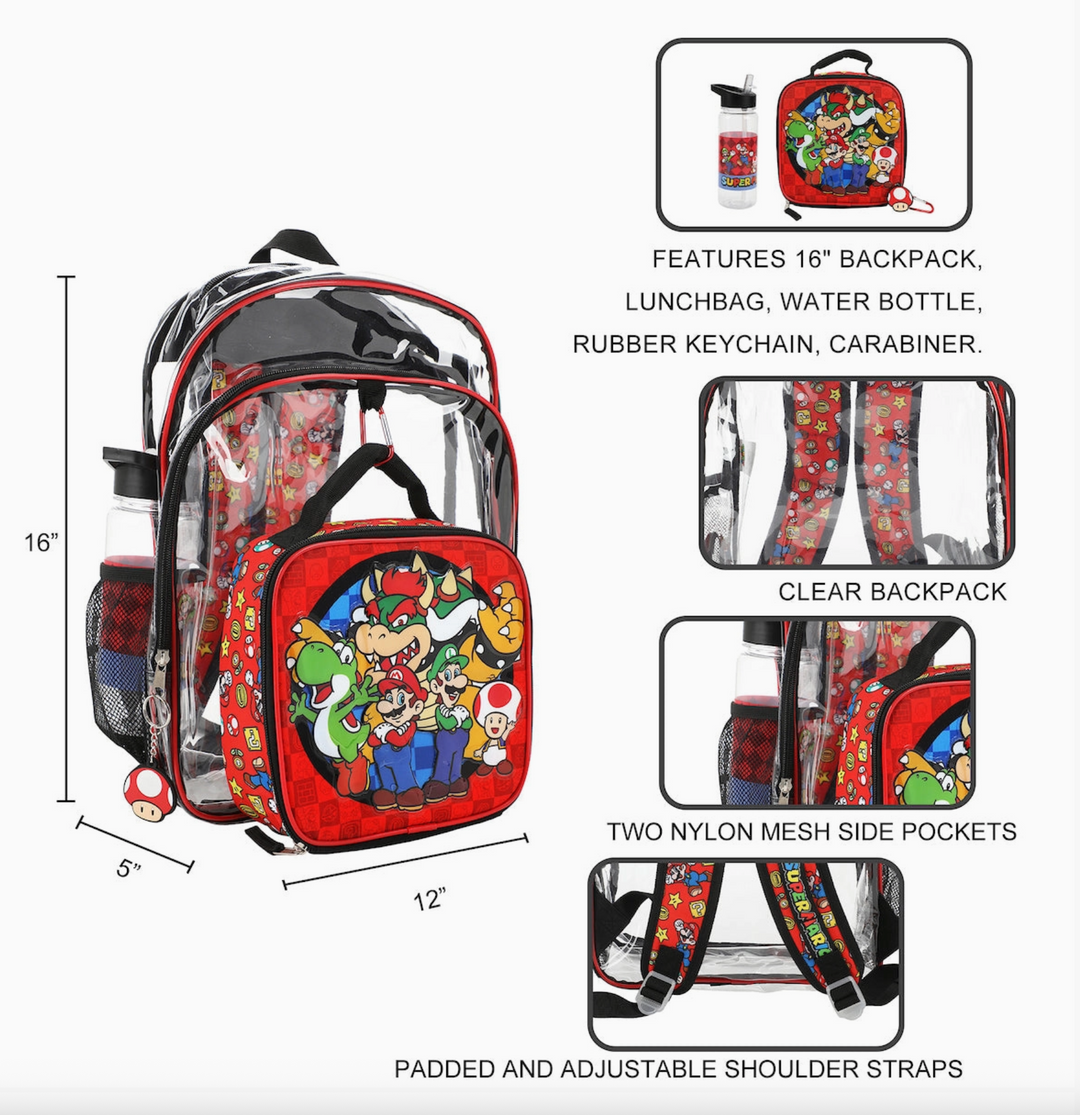 Kids Clear Super Mario Backpack & Lunchbox Set 4PC