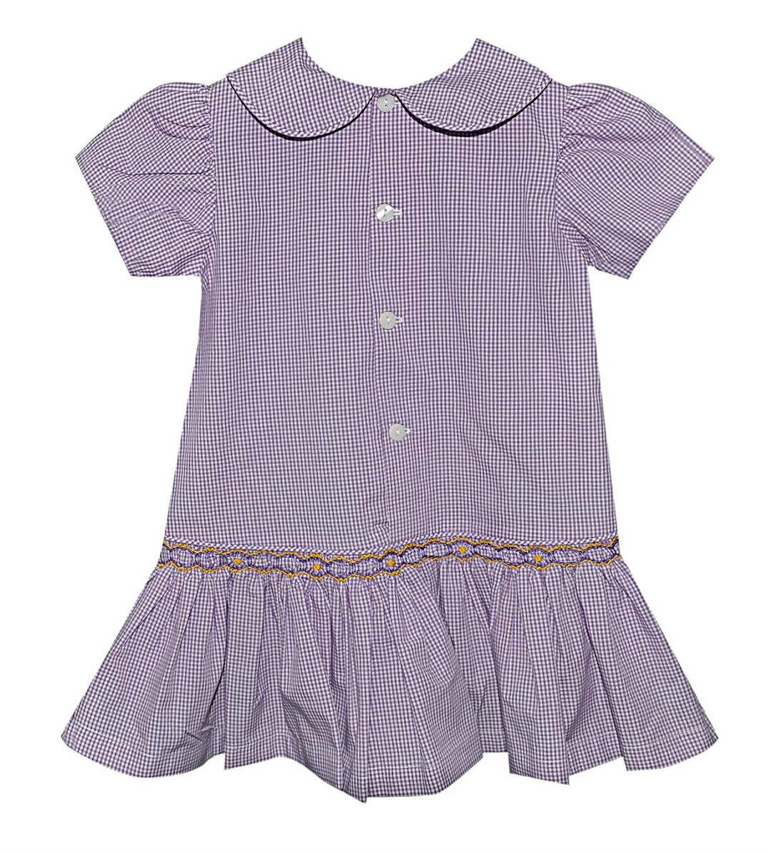 Purple & Gold Smocked Drop Waist Dress - Remember Nguyen