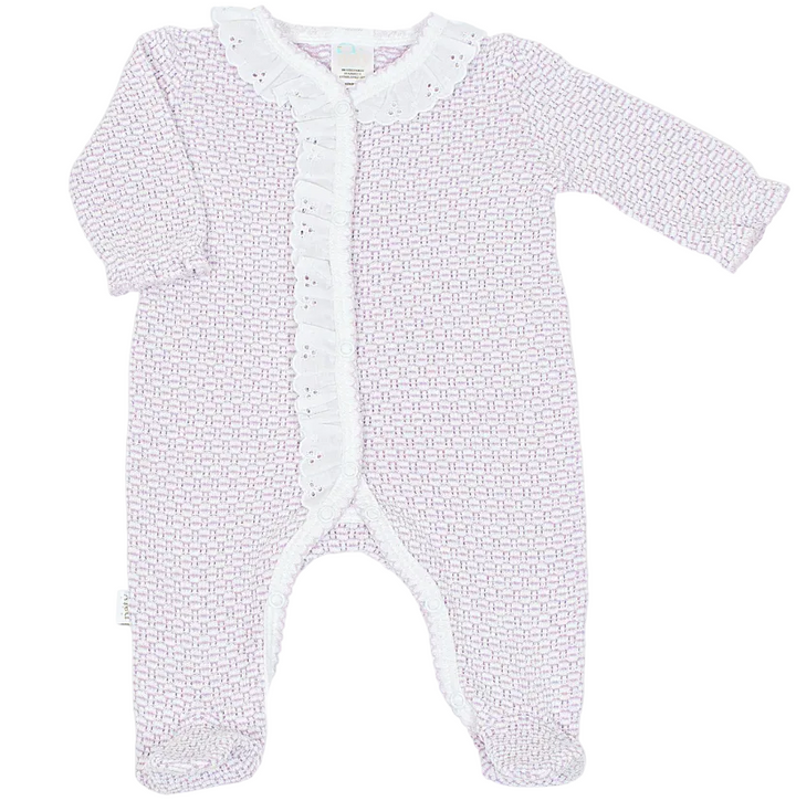 A baby long-sleeve footed sleeper in a light lavender and white geometric pattern, featuring a white ruffled collar and ruffled trim down the front snap closure.