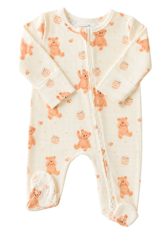 Honey Bear Bamboo Zipper Footie - Caden Lane