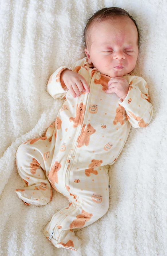 Honey Bear Bamboo Zipper Footie - Caden Lane