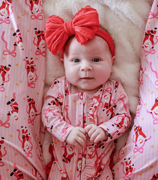 Jolly Ribbons Christmas Ruffle Zipper Bamboo Footie - Caden Lane