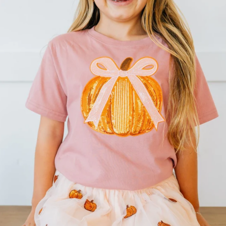 Coquette Pumpkin Sequin Patch Short Sleeve T-Shirt - Sweet Wink