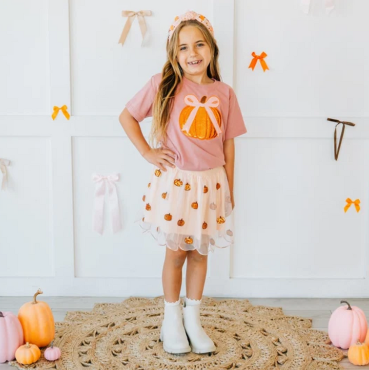 Coquette Pumpkin Sequin Patch Short Sleeve T-Shirt - Sweet Wink