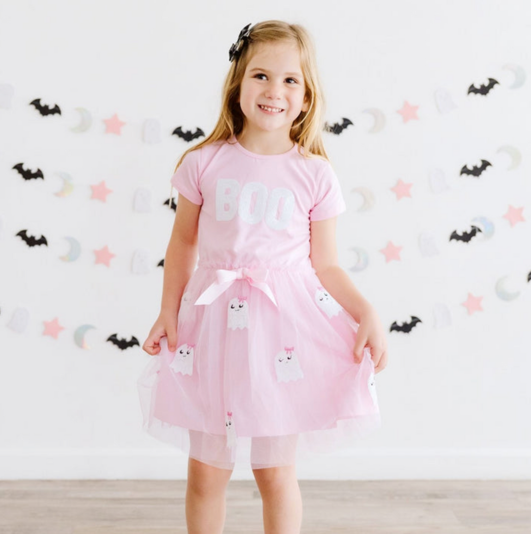 BOO SEQUIN PATCH HALLOWEEN SHORT SLEEVE TUTU DRESS - Sweet Wink